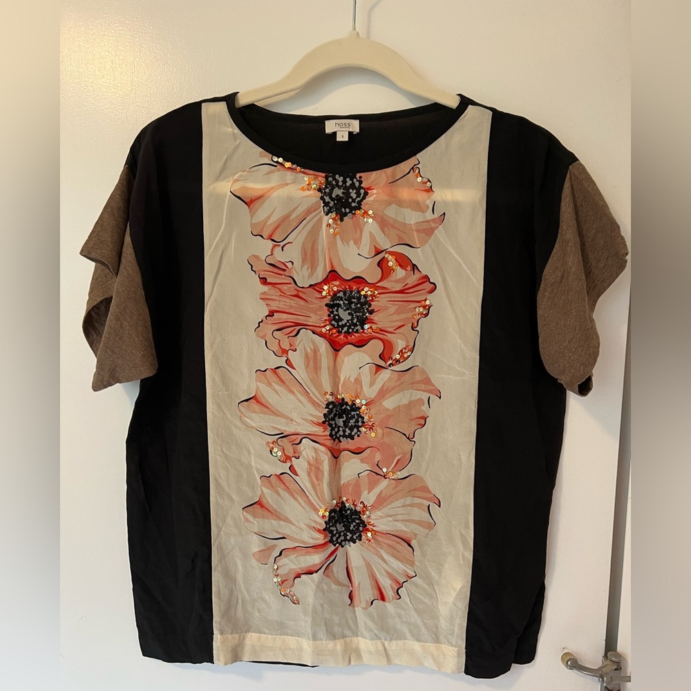 Women's Embellished Floral Print Top - Black and Brown